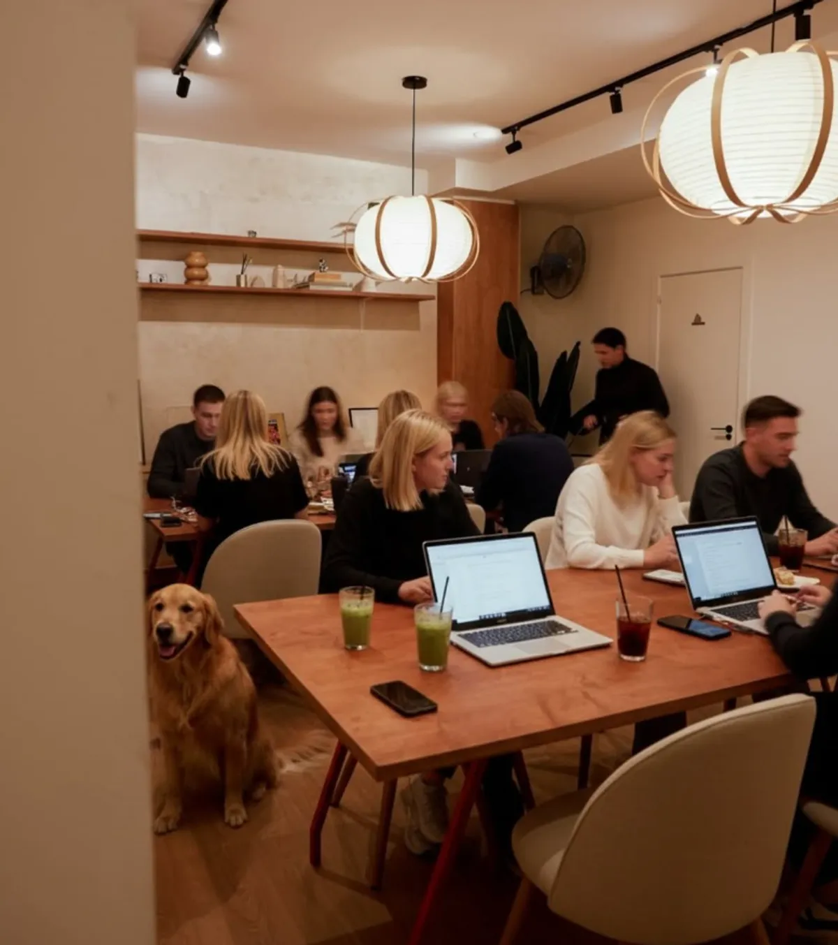 People working on laptops at a long wooden communal table inside a modern cafe with warm lighting, paper lantern lamps, and a golden retriever dog sitting on the floor.
